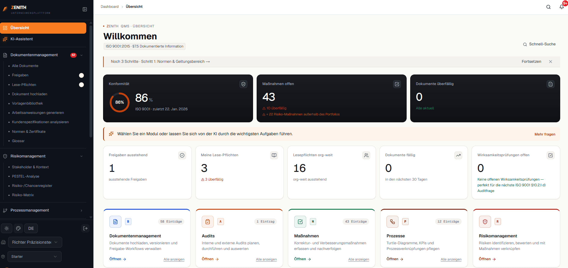 ZENITH Dashboard Übersicht mit Konformität, offenen Maßnahmen und Modul-Kacheln